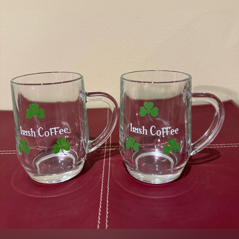 Vintage Irish Coffee Glass Mugs with Shamrock - 3 Leaf Clover Design